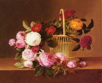 約翰 勞倫茨 延森 A Basket Of Roses On A Ledge